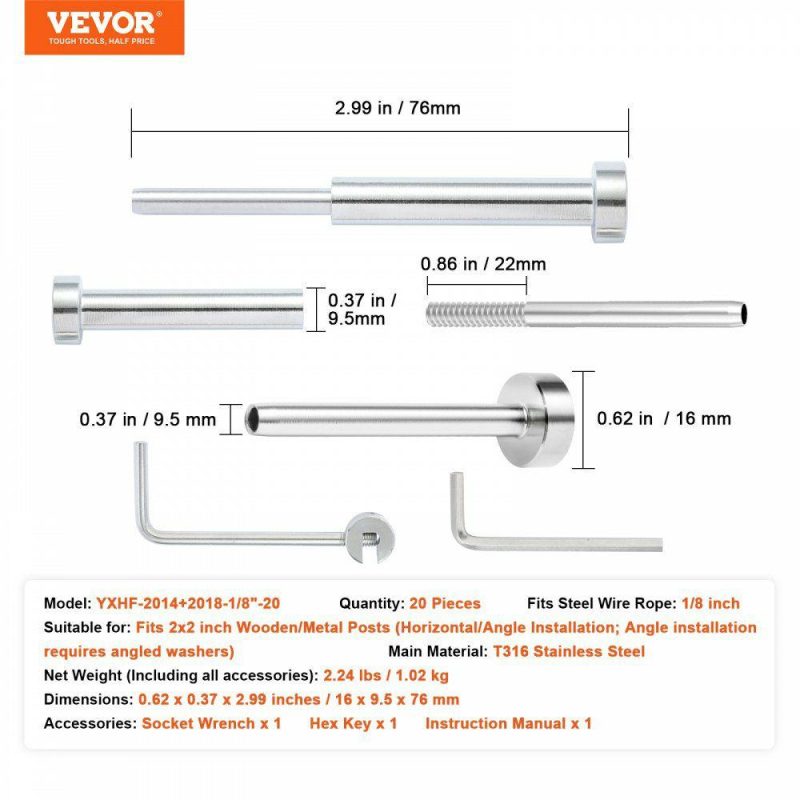 Decking & Fencing | 20 Pack Invisible Cable Railing kit, T316 Stainless Steel 1/8″ Invisible Receiver and Swage Stud End for Cable Railing, Swage Tensioner 1/8″ for Wood/Metal Post, Cable Railing Hardware, Silver Silver Decking & Fencing Decking & Fencing