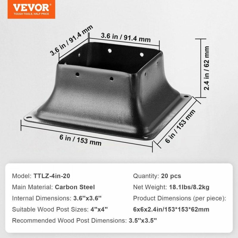 Decking & Fencing | 4×4 Post Base 20Pcs, Internal 3.6″x3.6″ Heavy Duty Powder-Coated Steel Post Bracket Fit for Standard Wood Post Anchor, Decking Post Base for Deck Porch Handrail Railing Support Decking & Fencing Decking & Fencing