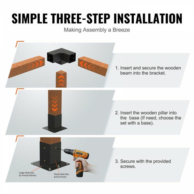 Decking & Fencing | Pergola Bracket Kit 4”x4”, 4pcs 3-Way Heavy Duty Corner Bracket Woodworks DIY Post Base Kit, Easy Installation Wooden Beams for Gazebos, Patio Pergolas, Log Cabin Outdoor Pergola Hardware Decking & Fencing Decking & Fencing