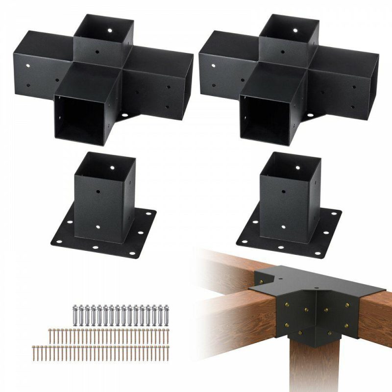 Decking & Fencing | Pergola Bracket Kit 4”x4”, 4pcs 4-Way Heavy Duty Corner Bracket Woodworks DIY Post Base Kit, Easy Installation Wooden Beams for Gazebos, Patio Pergolas, Log Cabin Outdoor Pergola Hardware Decking & Fencing Decking & Fencing