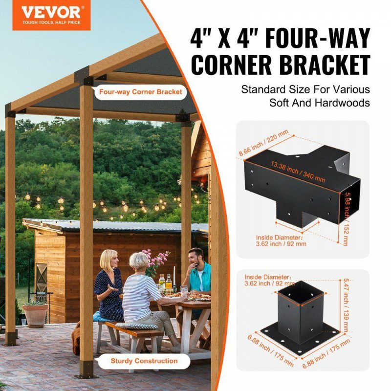 Decking & Fencing | Pergola Bracket Kit 4”x4”, 4pcs 4-Way Heavy Duty Corner Bracket Woodworks DIY Post Base Kit, Easy Installation Wooden Beams for Gazebos, Patio Pergolas, Log Cabin Outdoor Pergola Hardware Decking & Fencing Decking & Fencing