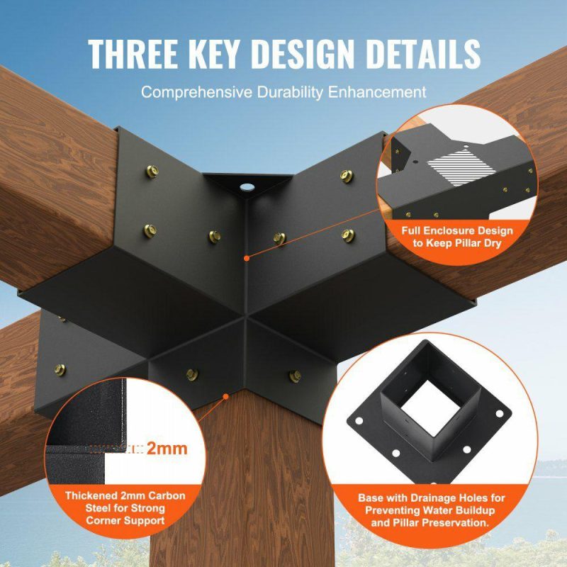 Decking & Fencing | Pergola Bracket Kit 4”x4”, 4pcs 4-Way Heavy Duty Corner Bracket Woodworks DIY Post Base Kit, Easy Installation Wooden Beams for Gazebos, Patio Pergolas, Log Cabin Outdoor Pergola Hardware Decking & Fencing Decking & Fencing