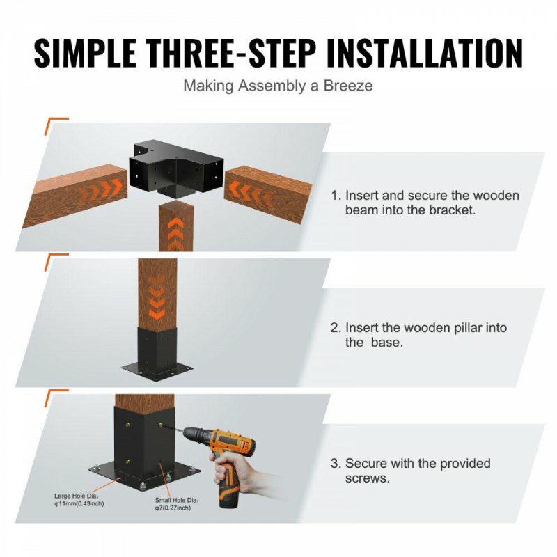 Decking & Fencing | Pergola Bracket Kit 4”x4”, 4pcs 4-Way Heavy Duty Corner Bracket Woodworks DIY Post Base Kit, Easy Installation Wooden Beams for Gazebos, Patio Pergolas, Log Cabin Outdoor Pergola Hardware Decking & Fencing Decking & Fencing