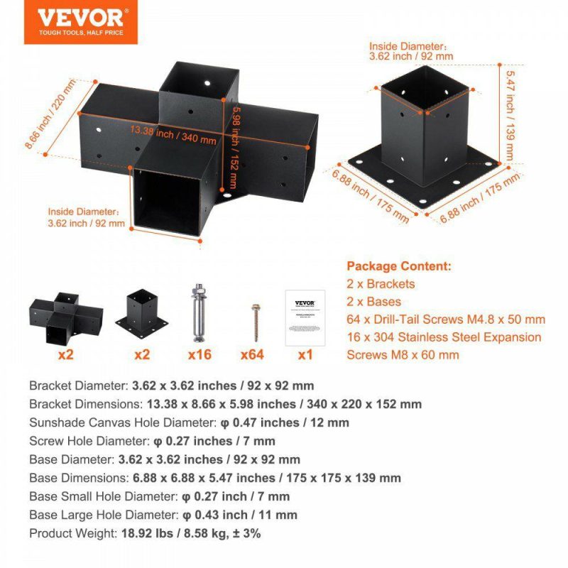 Decking & Fencing | Pergola Bracket Kit 4”x4”, 4pcs 4-Way Heavy Duty Corner Bracket Woodworks DIY Post Base Kit, Easy Installation Wooden Beams for Gazebos, Patio Pergolas, Log Cabin Outdoor Pergola Hardware Decking & Fencing Decking & Fencing