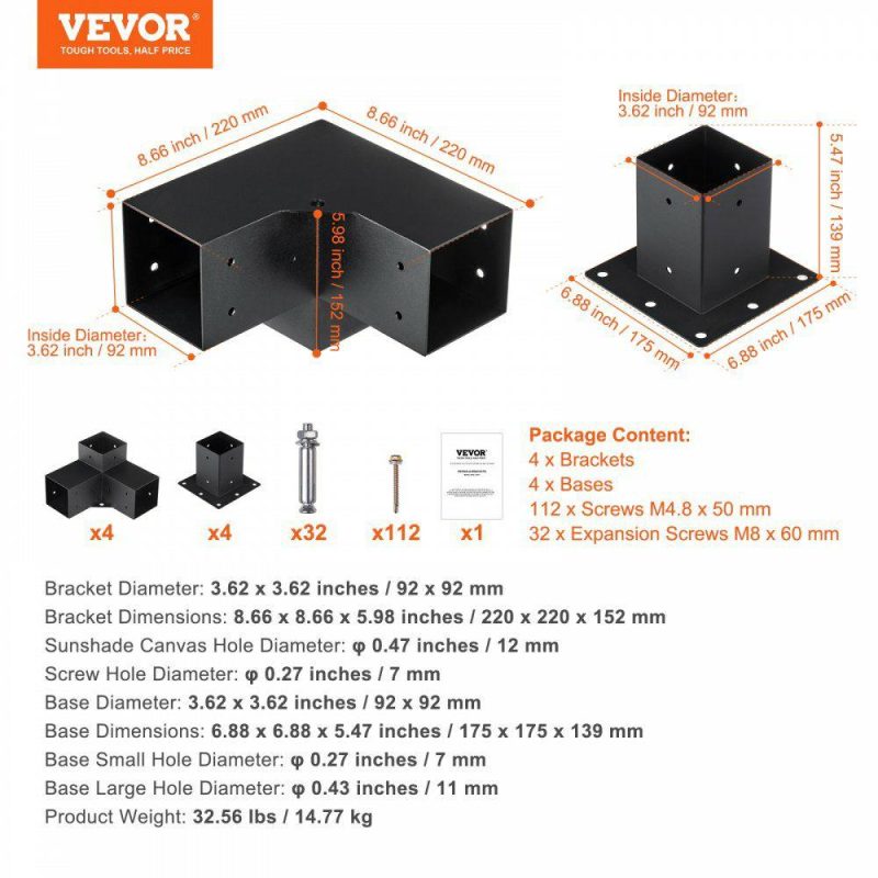 Decking & Fencing | Pergola Bracket Kit 4”x4”, 8pcs 3-Way Heavy Duty Corner Bracket Woodworks DIY Post Base Kit, Easy Installation Wooden Beams for Gazebos, Patio Pergolas, Log Cabin Outdoor Pergola Hardware Decking & Fencing Decking & Fencing