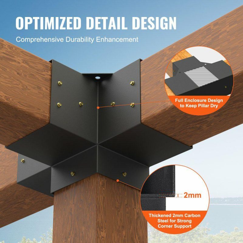 Decking & Fencing | Pergola Bracket Kit 6”x6”, 2pcs 4-Way Heavy Duty Corner Bracket Woodworks DIY Post Base Kit, Easy Installation Wooden Beams for Gazebos, Patio Pergolas, Log Cabin Outdoor Pergola Hardware Decking & Fencing Decking & Fencing