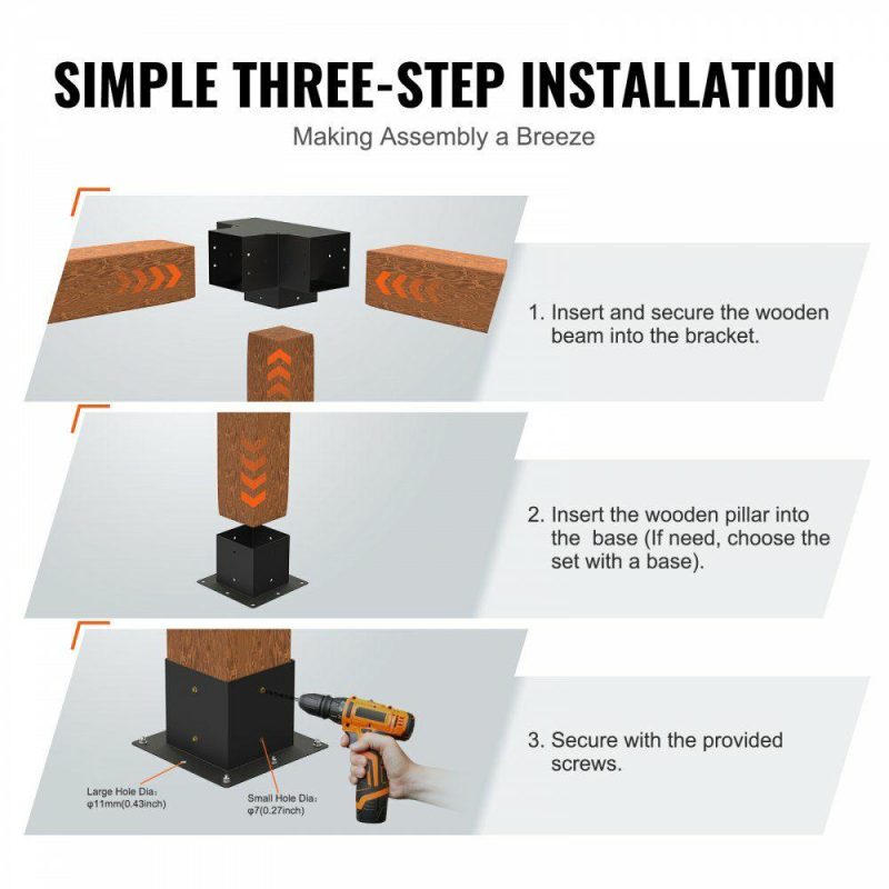 Decking & Fencing | Pergola Bracket Kit 6”x6”, 2pcs 4-Way Heavy Duty Corner Bracket Woodworks DIY Post Base Kit, Easy Installation Wooden Beams for Gazebos, Patio Pergolas, Log Cabin Outdoor Pergola Hardware Decking & Fencing Decking & Fencing