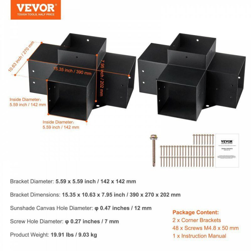 Decking & Fencing | Pergola Bracket Kit 6”x6”, 2pcs 4-Way Heavy Duty Corner Bracket Woodworks DIY Post Base Kit, Easy Installation Wooden Beams for Gazebos, Patio Pergolas, Log Cabin Outdoor Pergola Hardware Decking & Fencing Decking & Fencing