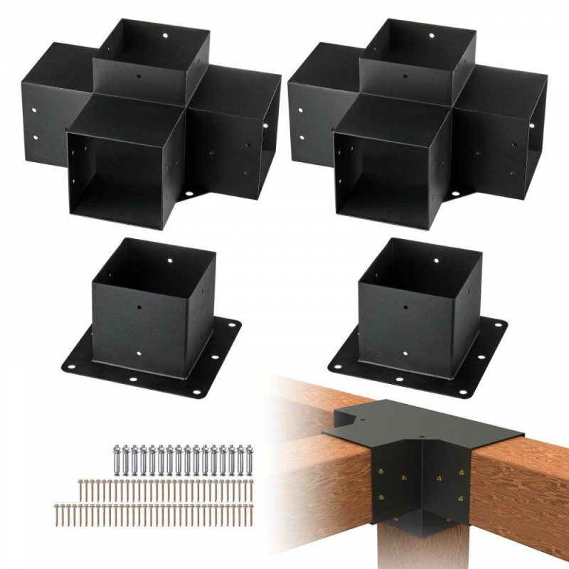 Decking & Fencing | Pergola Bracket Kit 6”x6”, 4pcs 4-Way Heavy Duty Corner Bracket Woodworks DIY Post Base Kit, Easy Installation Wooden Beams for Gazebos, Patio Pergolas, Log Cabin Outdoor Pergola Hardware Decking & Fencing Decking & Fencing