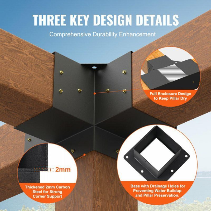 Decking & Fencing | Pergola Bracket Kit 6”x6”, 4pcs 4-Way Heavy Duty Corner Bracket Woodworks DIY Post Base Kit, Easy Installation Wooden Beams for Gazebos, Patio Pergolas, Log Cabin Outdoor Pergola Hardware Decking & Fencing Decking & Fencing