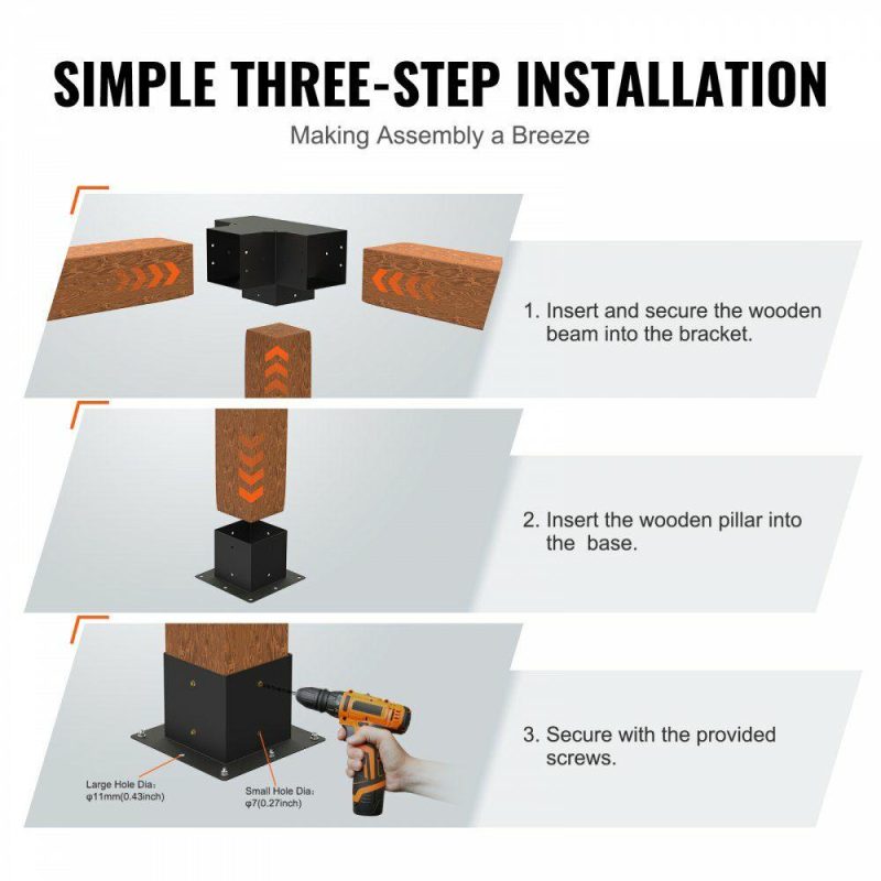 Decking & Fencing | Pergola Bracket Kit 6”x6”, 4pcs 4-Way Heavy Duty Corner Bracket Woodworks DIY Post Base Kit, Easy Installation Wooden Beams for Gazebos, Patio Pergolas, Log Cabin Outdoor Pergola Hardware Decking & Fencing Decking & Fencing