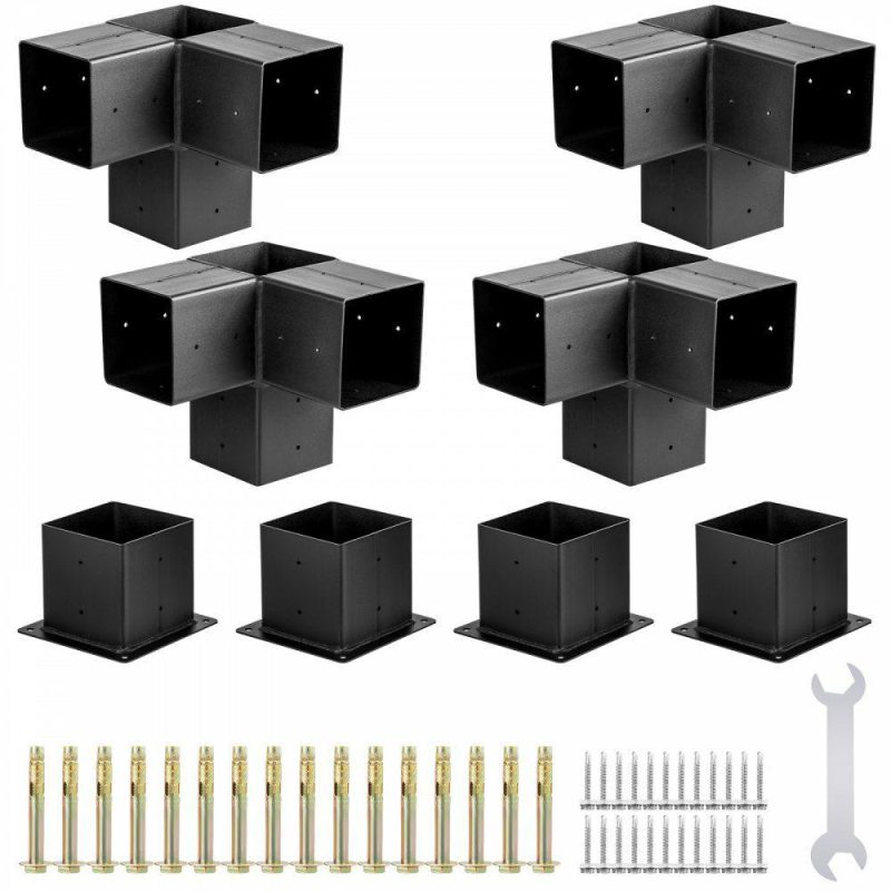 Decking & Fencing | Pergola Kit Steel Brackets, 6″ x 6″ Pergola Brackets Post, 8 pcs Pergola Brackets Boot, Powder-Coated Pergola Bracket Shoulder, Carbon Steel Extension Pergola Bracket with 3-Way 90° Corner Black Decking & Fencing Black