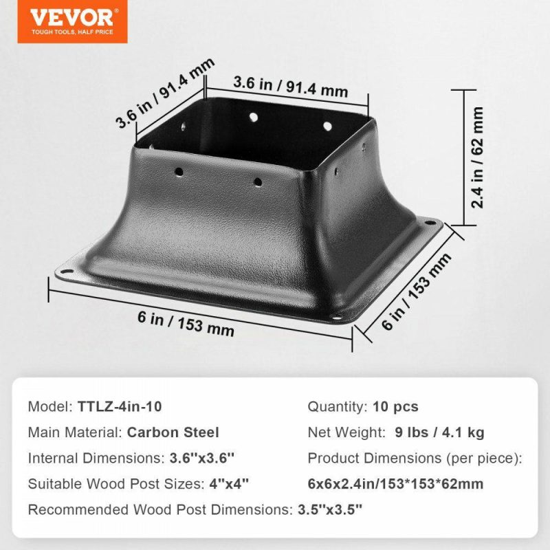 Decking & Fencing | Post Base 4×4 10Pcs, Internal 3.6″x3.6″ Heavy Duty Powder-Coated Steel Post Bracket Fit for Standard Wood Post Anchor, Decking Post Base for Deck Porch Handrail Railing Support Decking & Fencing Decking & Fencing