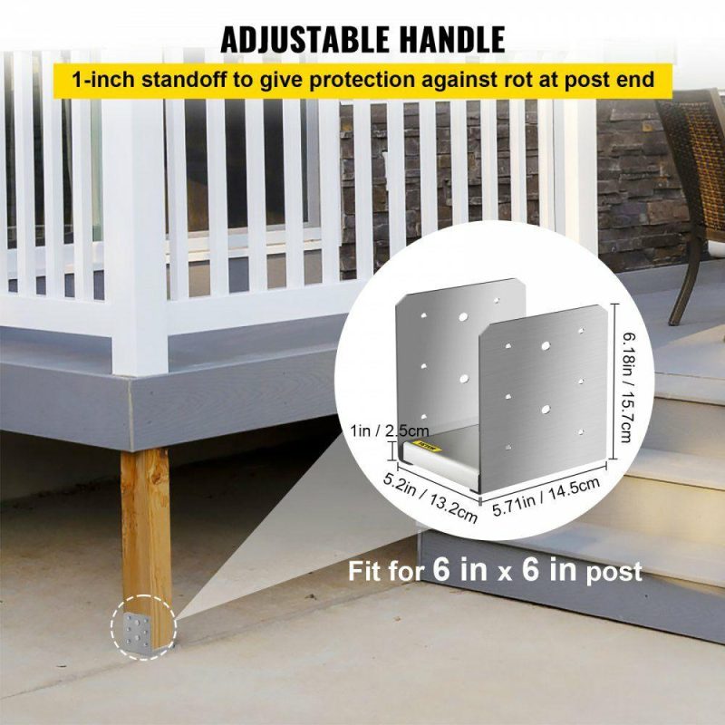 Decking & Fencing | Standoff Post Base 6 x 6″(Inner Size:5.71 x 5.2″) 10 PCS Stainless Steel Adjustable Post Base Adjustable Post Anchor with Fiber Drawing Surface and Full Set of Accessories for Rough Size Lumber Silver Decking & Fencing Decking & Fencing