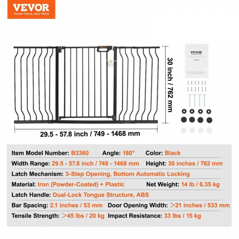 Door Hardware & Locks | Baby Gate, 29.5″-57.8″ Extra Wide, 30″ High, Dog Gate for Stairs Doorways and House, Easy Step Walk Thru Auto Close Child Gate Pet Security Gate with Pressure Mount Kit and Wall Mount Kit, Black Black Door Hardware & Locks Black