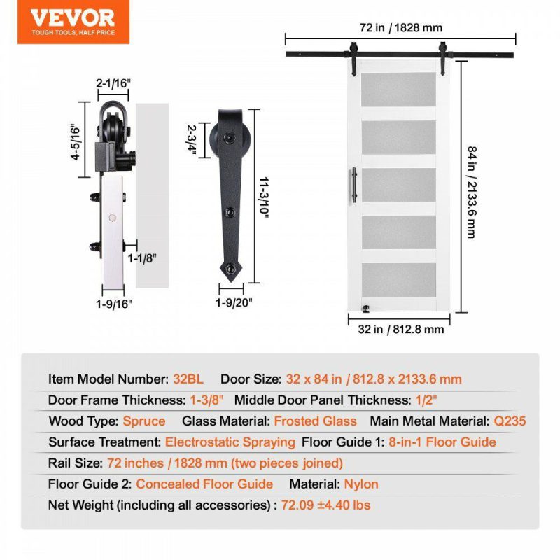 Door Hardware & Locks | Barn Door and Hardware Kit, 30″ x 84″ Wood and Glass Sliding Barn Door, Smoothly and Quietly, Barn Door Kit with 8-in-1 Floor Guide and Door Handle, Spruce Wood Slab and Frosted Glass White Door Hardware & Locks Door Hardware & Locks