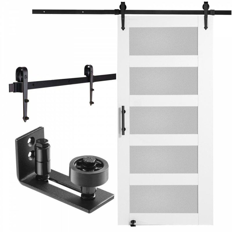 Door Hardware & Locks | Barn Door and Hardware Kit, 42″ x 84″ Wood and Glass Sliding Barn Door, Smoothly and Quietly, Barn Door Kit with 8-in-1 Floor Guide and Door Handle, Spruce Wood Slab and Frosted Glass White Door Hardware & Locks Door Hardware & Locks