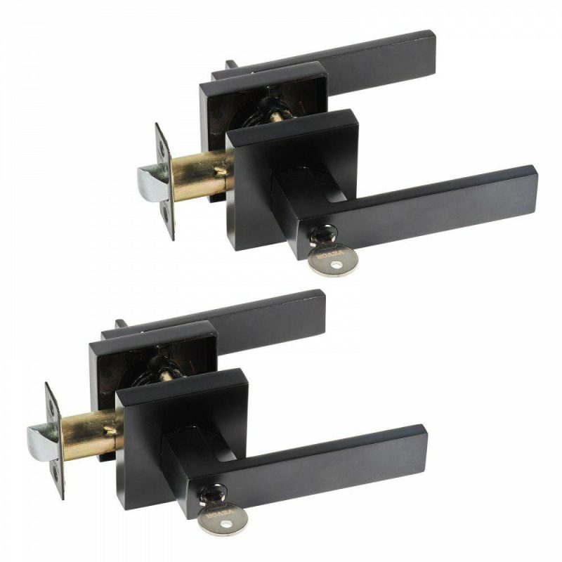 Door Hardware & Locks | Entry Lever Door Handle, 2 PCS Black Entry Knob, Lock and Key Locking Lever Set, Contemporary Square Door Lever, Reversible for Right and Left Sided Doors, 45° Rotation to Open, for Front Door Door Hardware & Locks Door Hardware & Locks