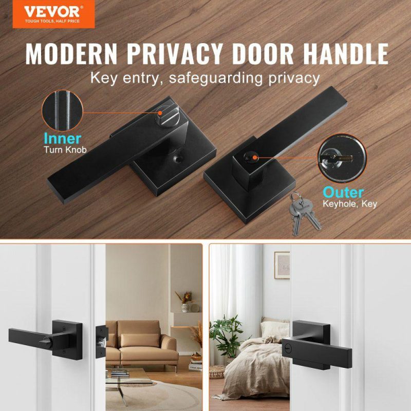 Door Hardware & Locks | Entry Lever Door Handle, 2 PCS Black Entry Knob, Lock and Key Locking Lever Set, Contemporary Square Door Lever, Reversible for Right and Left Sided Doors, 45° Rotation to Open, for Front Door Door Hardware & Locks Door Hardware & Locks