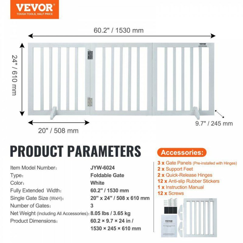 Door Hardware & Locks | Free Standing Dog Gate, 24″ H x 60″ W Freestanding Pet Gate, 3 Panels Foldable Dog Gate for Wide and Narrow Passageways, Expandable Dog Barrier with Silent Foot Support for Indoor, White White Door Hardware & Locks Door Hardware & Locks