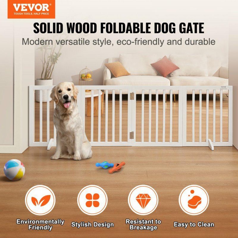 Door Hardware & Locks | Free Standing Dog Gate, 24″ H x 80.3″ W Freestanding Pet Gate, 4 Panels Foldable Dog Gate for Wide and Narrow Passageways, Expandable Dog Barrier with Silent Foot Support for Indoor, White White Door Hardware & Locks Door Hardware & Locks