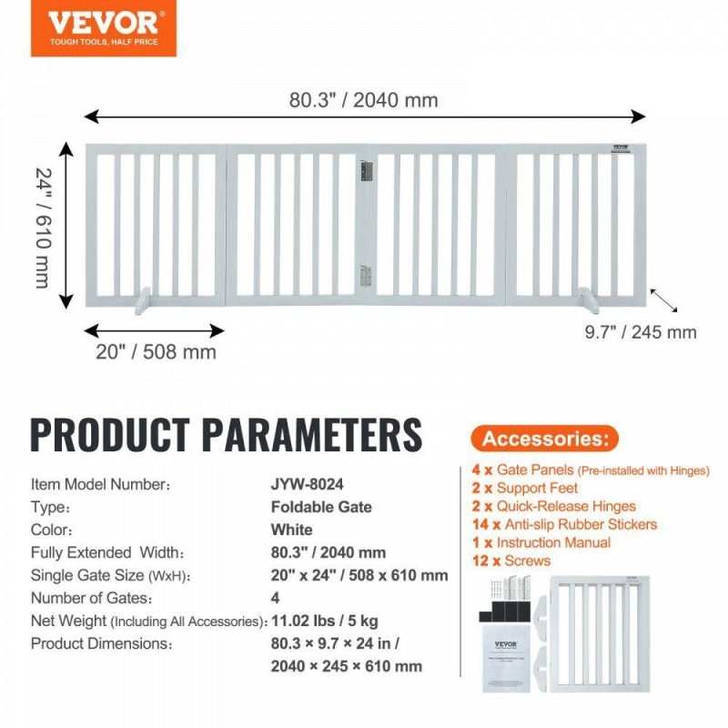 Door Hardware & Locks | Free Standing Dog Gate, 24″ H x 80.3″ W Freestanding Pet Gate, 4 Panels Foldable Dog Gate for Wide and Narrow Passageways, Expandable Dog Barrier with Silent Foot Support for Indoor, White White Door Hardware & Locks Door Hardware & Locks