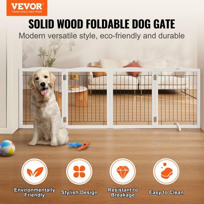 Door Hardware & Locks | Free Standing Dog Gate, 32″ H x 96.5″ W Freestanding Pet Gate, 4 Panels Foldable Dog Gate for Wide and Narrow Passageways, Expandable Dog Barrier with Silent Foot Support for Indoor, White White Door Hardware & Locks Door Hardware & Locks