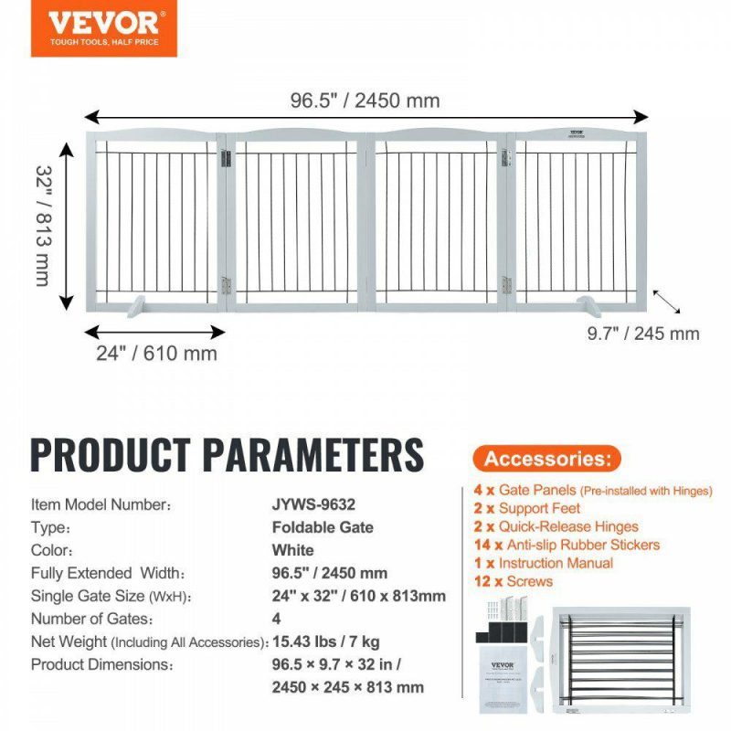 Door Hardware & Locks | Free Standing Dog Gate, 32″ H x 96.5″ W Freestanding Pet Gate, 4 Panels Foldable Dog Gate for Wide and Narrow Passageways, Expandable Dog Barrier with Silent Foot Support for Indoor, White White Door Hardware & Locks Door Hardware & Locks