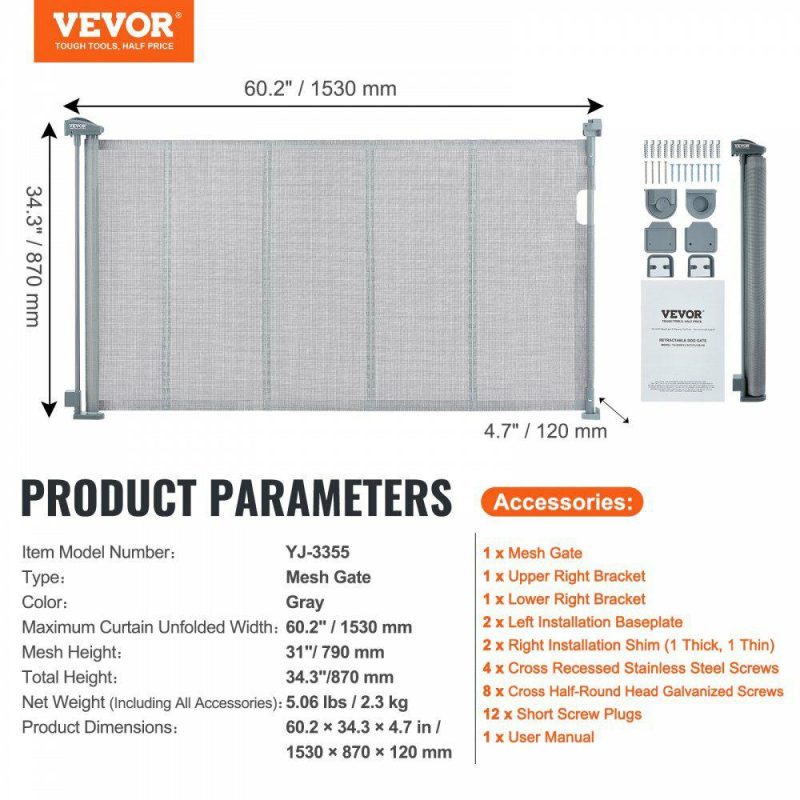 Door Hardware & Locks | Retractable Baby Gate, 34.2″ Tall Mesh Baby Gate, Extends up to 60″ Wide Retractable Gate for Kids or Pets, Retractable Dog Gates for Indoor Stairs, Doorways, Hallways, Playrooms, Gray Gray Door Hardware & Locks Door Hardware & Locks