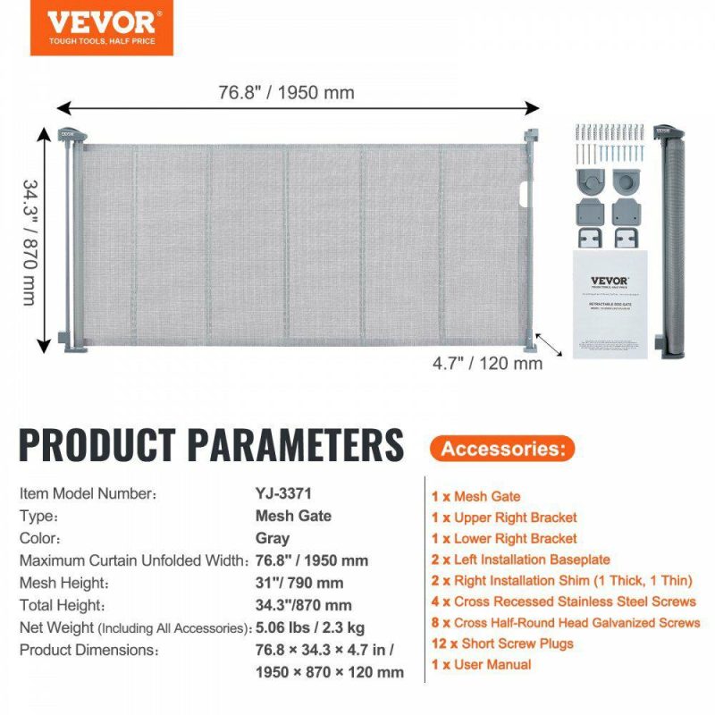 Door Hardware & Locks | Retractable Baby Gate, 34.2″ Tall Mesh Baby Gate, Extends up to 76.8″ Wide Retractable Gate for Kids or Pets, Retractable Dog Gates for Indoor Stairs, Doorways, Hallways, Playrooms, Gray Gray Door Hardware & Locks Door Hardware & Locks