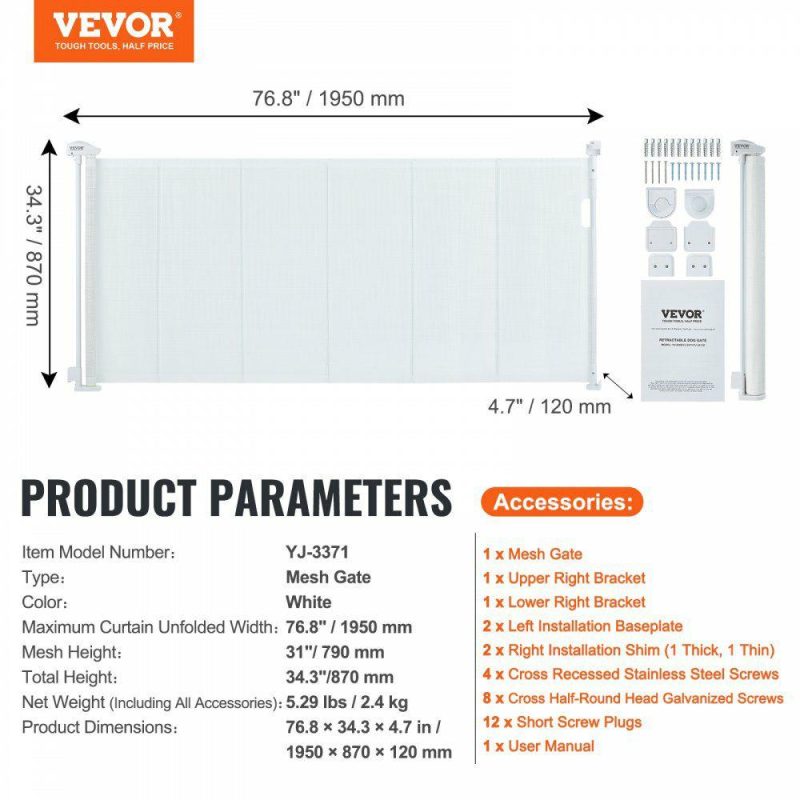 Door Hardware & Locks | Retractable Baby Gate, 34.2″ Tall Mesh Baby Gate, Extends up to 76.8″ Wide Retractable Gate for Kids or Pets, Retractable Dog Gates for Indoor Stairs, Doorways, Hallways, Playrooms, White White Door Hardware & Locks Door Hardware & Locks