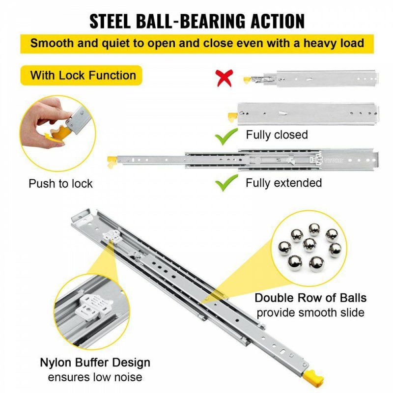 Drawer & Cabinet Hardware | Drawer Slides with Lock, 1 Pair 24 inch, Heavy-Duty Industrial Steel up to 500 lbs Capacity, 3-Fold Full Extension, Ball Bearing Lock-in & Lock-Out, Side Mount Hardware Drawer & Cabinet Hardware