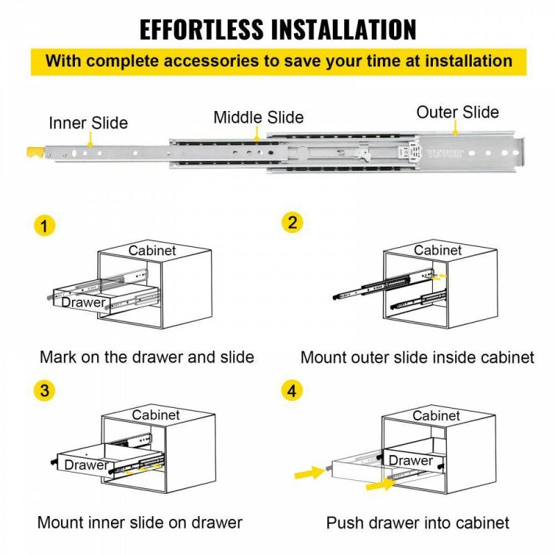 Drawer & Cabinet Hardware | Drawer Slides with Lock, 1 Pair 24 inch, Heavy-Duty Industrial Steel up to 500 lbs Capacity, 3-Fold Full Extension, Ball Bearing Lock-in & Lock-Out, Side Mount Hardware Drawer & Cabinet Hardware