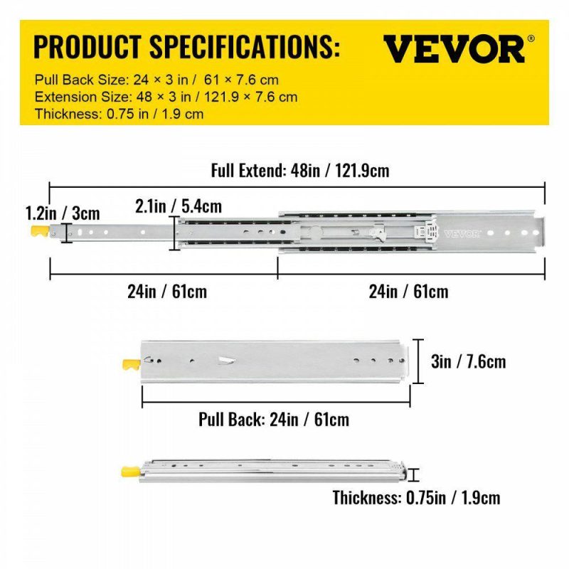 Drawer & Cabinet Hardware | Drawer Slides with Lock, 1 Pair 24 inch, Heavy-Duty Industrial Steel up to 500 lbs Capacity, 3-Fold Full Extension, Ball Bearing Lock-in & Lock-Out, Side Mount Hardware Drawer & Cabinet Hardware