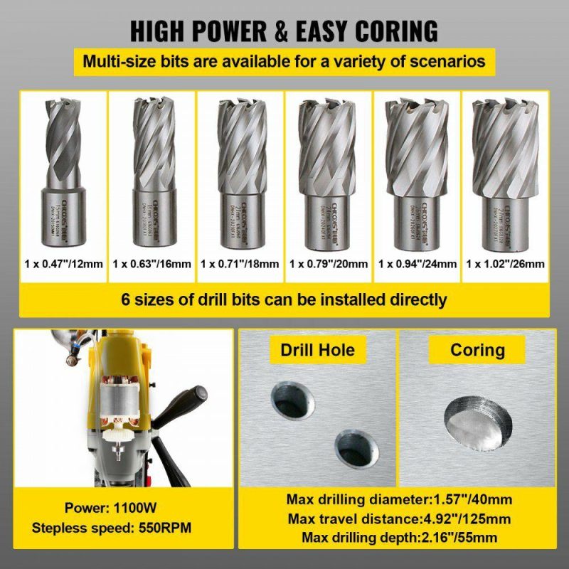 Drills & Drivers | 1100W Magnetic Drill Press with 1-1/2 Inch (40mm) Boring Diameter MD40 Magnetic Drill Press Machine 2810 LBS Magnetic Force Magnetic Drilling System 670 RPM with 6 Pcs HSS Annular Cutter Kit Drills & Drivers Drills & Drivers