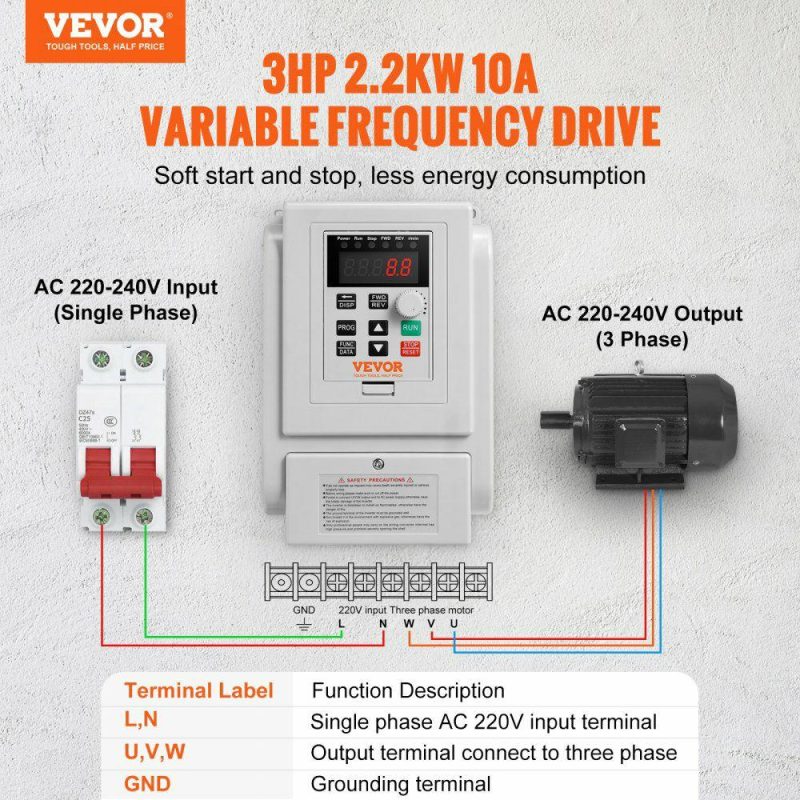 Electric Motors | VFD 2.2KW 10A 3HP Variable Frequency Drive for 3-Phase Motor Speed Control Electric Motors Electric Motors