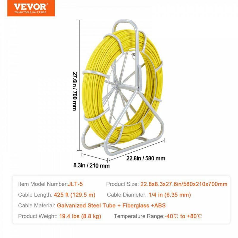 Electrical Tools | Fish Tape Fiberglass, 425 ft, 1/4 inch, Duct Rodder Fishtape Wire Puller, Cable Running Rod with Steel Reel Stand, 3 Pulling Heads, Fishing Tools for Walls and Electrical Conduit, Non-Conductive Electrical Electrical Tools