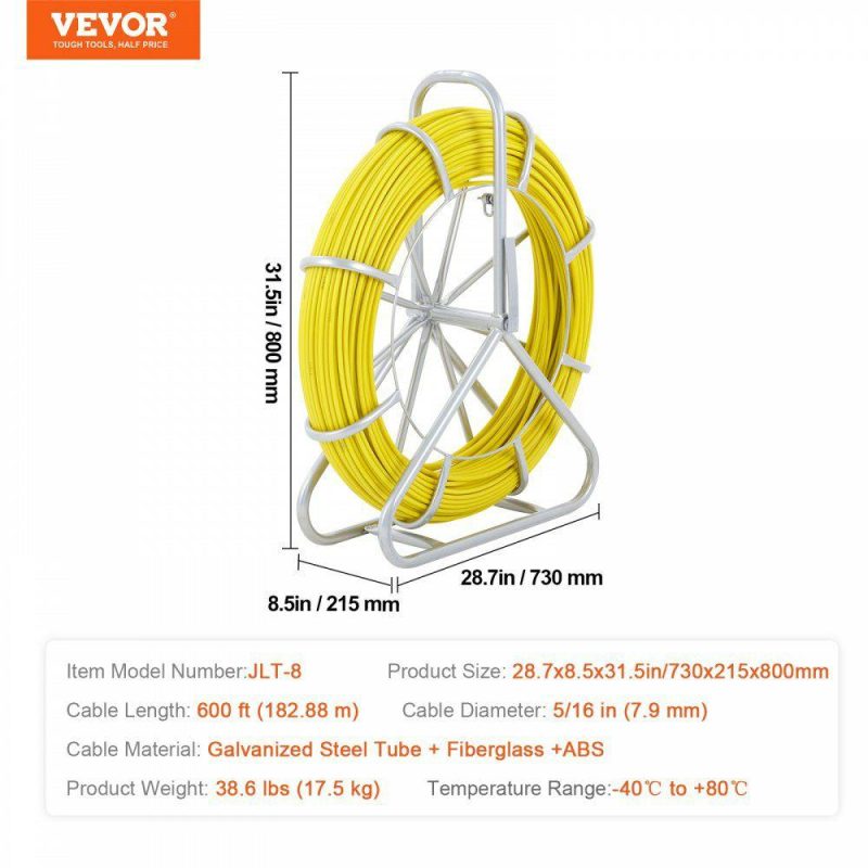 Electrical Tools | Fish Tape Fiberglass, 600 ft, 5/16 in, Duct Rodder Fishtape Wire Puller, Cable Running Rod with Steel Reel Stand, 3 Pulling Heads, Fishing Tools for Walls and Electrical Conduit, Non-Conductive Electrical Electrical Tools