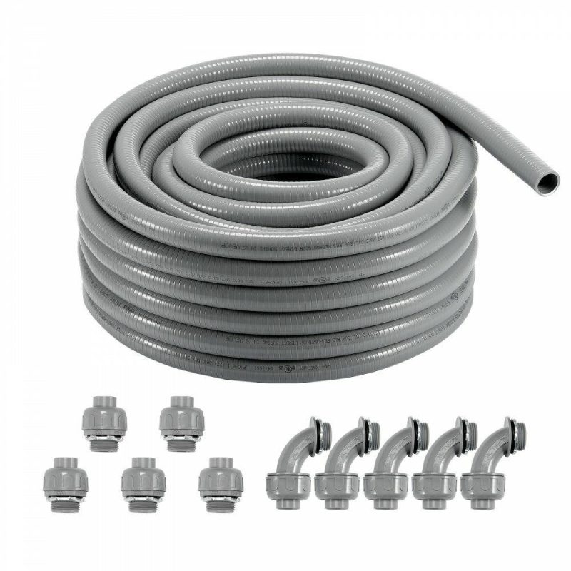 Extension Cords & Power Strips | 1-Inch Flexible Electrical Conduit, 100 ft, PVC Liquid-Tight Conduit Non-Metallic with 5 Straight and 5 90-Degree Conduit Connector Fittings, for Air Conditioning Motor Controller Pump, IP65 Electrical Extension Cords & Power Strips