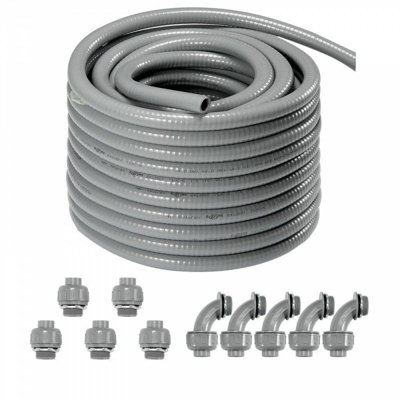 Extension Cords & Power Strips | 1/2-Inch Flexible Electrical Conduit, 100 ft, PVC Liquid-Tight Conduit Non-Metallic with 5 Straight and 5 90-Degree Conduit Connector Fittings, for Air Conditioning Motor Controller Pump, IP65 Electrical Extension Cords & Power Strips