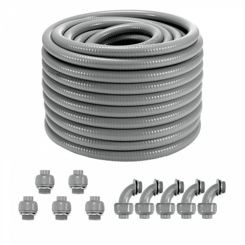 Extension Cords & Power Strips | 3/4-Inch Flexible Electrical Conduit, 100 ft, PVC Liquid-Tight Conduit Non-Metallic with 5 Straight and 5 90-Degree Conduit Connector Fittings, for Air Conditioning Motor Controller Pump, IP65 Electrical Extension Cords & Power Strips