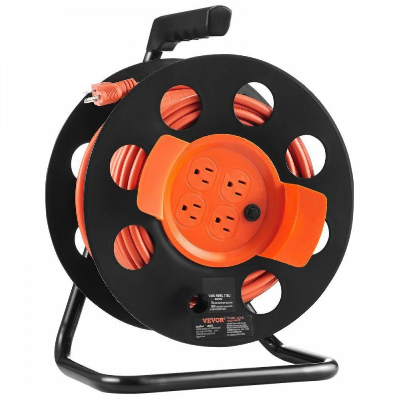 Extension Cords & Power Strips | Extension Cord Reel, 100FT, with 4 Outlets and Dust Cover, Heavy Duty 12AWG SJTOW Power Cord, Manual Cord Reel with Portable Handle Circuit Breaker, for Toolshed Garage, Tested to UL Standards Electrical Extension Cords & Power Strips