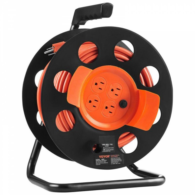 Extension Cords & Power Strips | Extension Cord Reel, 100FT, with 4 Outlets and Dust Cover, Heavy Duty 14AWG SJTOW Power Cord, Manual Cord Reel with Portable Handle Circuit Breaker, for Toolshed Garage, Tested to UL Standards Electrical Extension Cords & Power Strips