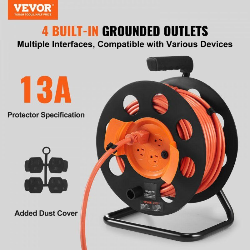 Extension Cords & Power Strips | Extension Cord Reel, 100FT, with 4 Outlets and Dust Cover, Heavy Duty 14AWG SJTOW Power Cord, Manual Cord Reel with Portable Handle Circuit Breaker, for Toolshed Garage, Tested to UL Standards Electrical Extension Cords & Power Strips