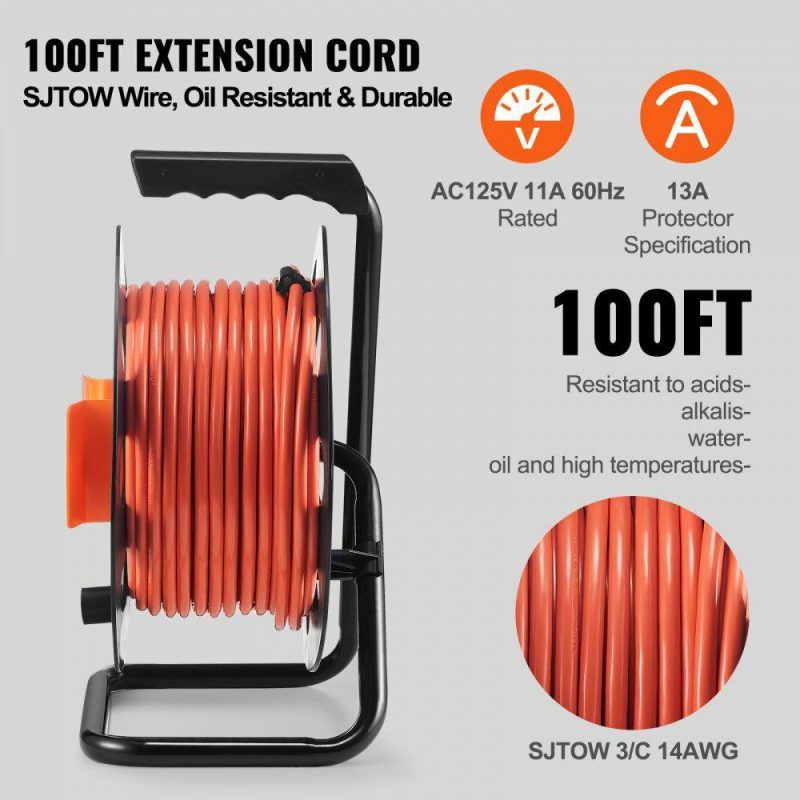 Extension Cords & Power Strips | Extension Cord Reel, 100FT, with 4 Outlets and Dust Cover, Heavy Duty 14AWG SJTOW Power Cord, Manual Cord Reel with Portable Handle Circuit Breaker, for Toolshed Garage, Tested to UL Standards Electrical Extension Cords & Power Strips