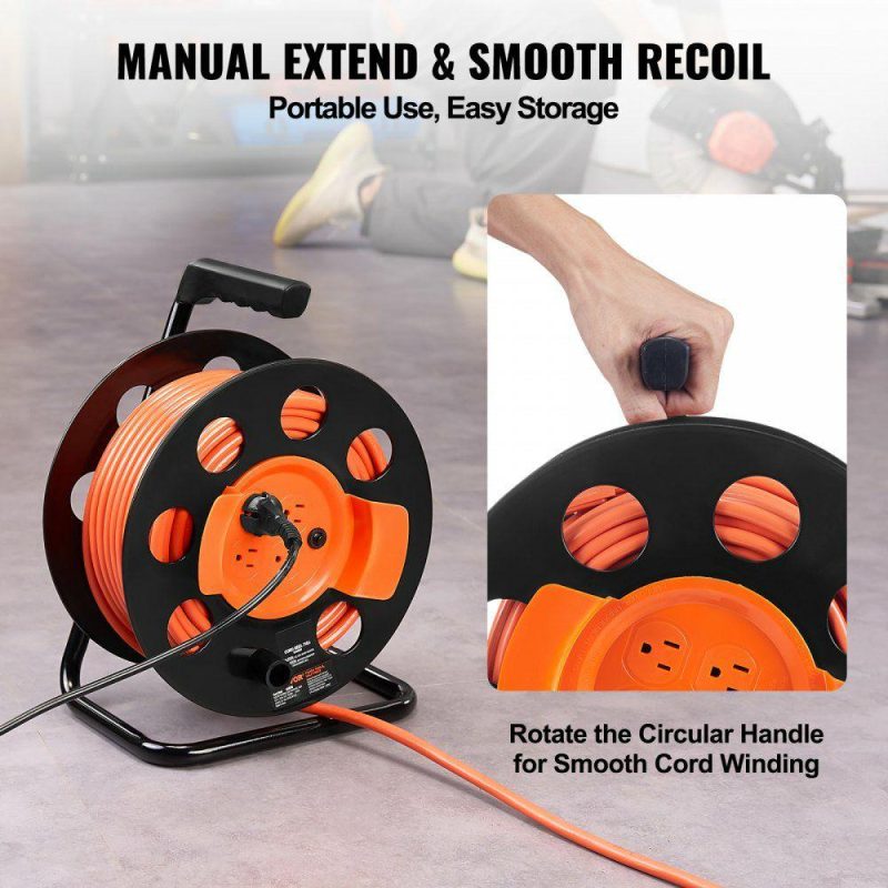 Extension Cords & Power Strips | Extension Cord Reel, 100FT, with 4 Outlets and Dust Cover, Heavy Duty 14AWG SJTOW Power Cord, Manual Cord Reel with Portable Handle Circuit Breaker, for Toolshed Garage, Tested to UL Standards Electrical Extension Cords & Power Strips