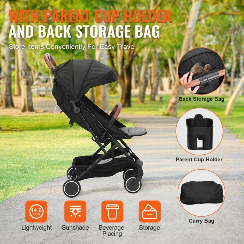 Furniture Hardware | Standard Baby Infant Stroller, Toddler Stroller with 95°-150° Adjustable Backrest & & 0/90°Adjustable Footrest & One-click Folding, Newborn Stroller with Cup Holder and Carry Bag, Black Black Hardware Black