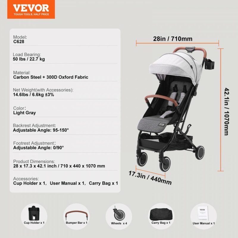 Furniture Hardware | Standard Baby Infant Stroller, Toddler Stroller with 95°-150° Adjustable Backrest & & 0/90°Adjustable Footrest & One-click Folding, Newborn Stroller with Cup Holder and Carry Bag, Light Grey Light Gray Furniture Hardware Furniture Hardware