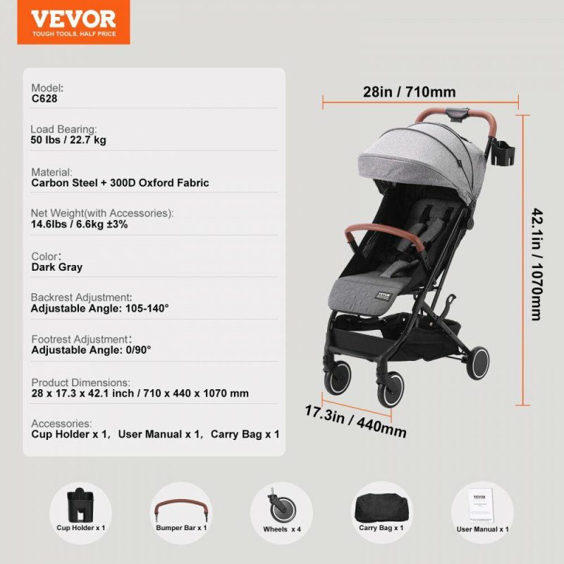 Furniture Hardware | Standard Baby Infant Stroller, Toddler Stroller with 95°-150° Adjustable Backrest & & 0/90°Adjustable Footrest & One-click Folding, Newborn Stroller with Cup Holder and Carry Bag, Dark Grey Dark Gray Furniture Hardware Dark Gray