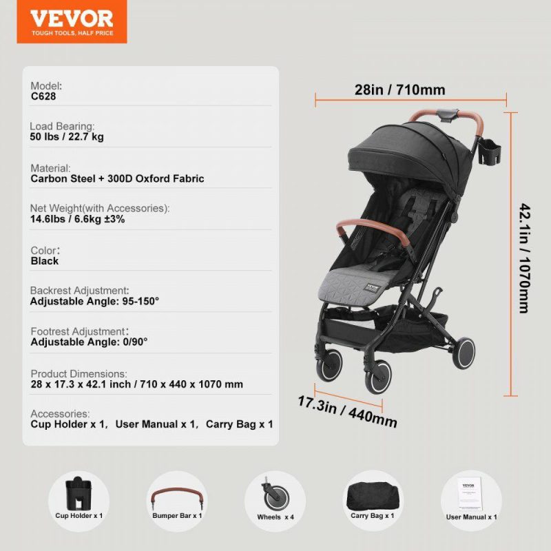 Furniture Hardware | Standard Baby Infant Stroller, Toddler Stroller with 95°-150° Adjustable Backrest & & 0/90°Adjustable Footrest & One-click Folding, Newborn Stroller with Cup Holder and Carry Bag, Black Black Hardware Black